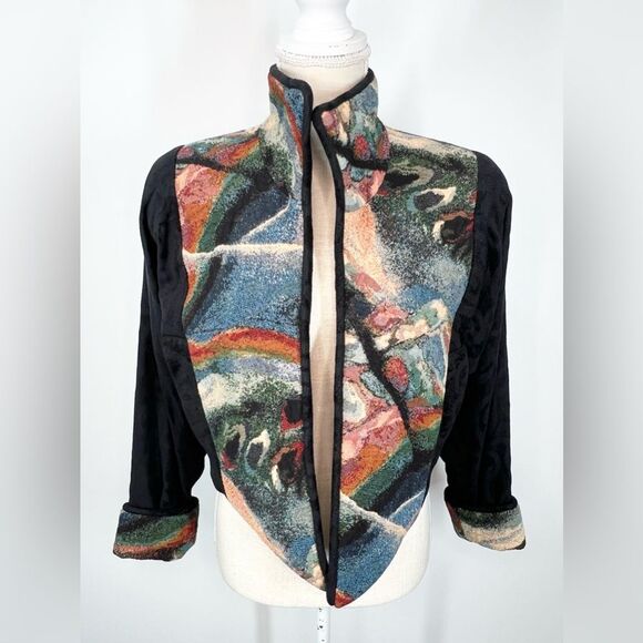VTG Tzeadle Pasadena Tapestry Art To Wear Cropped Jacket Open Front Size P - Picture 1 of 15